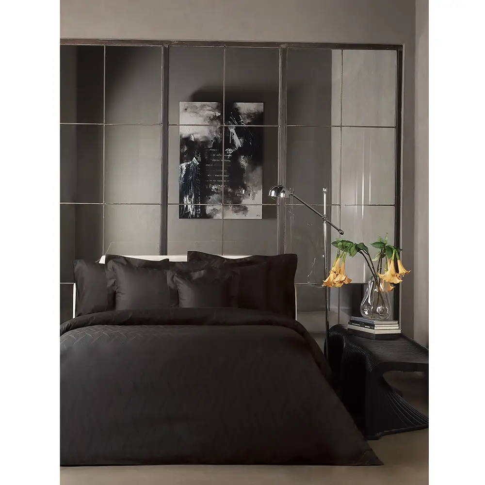 Set lenjerie de pat matrimonial premium, Valeron, 7 piese, Nocturnal, 100% bumbac egiptean, negru