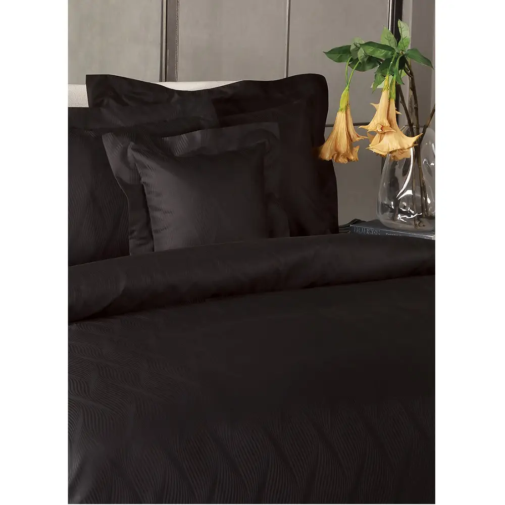 Set lenjerie de pat matrimonial premium, Valeron, 7 piese, Nocturnal, 100% bumbac egiptean, negru