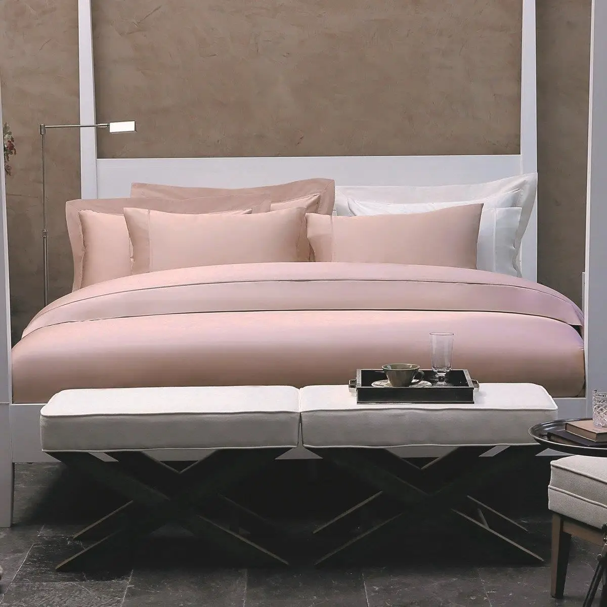 Set lenjerie de pat matrimonial premium, Valeron, 7 piese, Luna, 100% bumbac egiptean, roz pastel