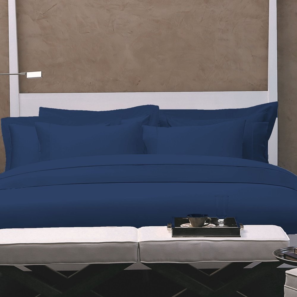 Set lenjerie de pat matrimonial premium, Valeron, 7 piese, Luna, 100% bumbac egiptean, bleumarin