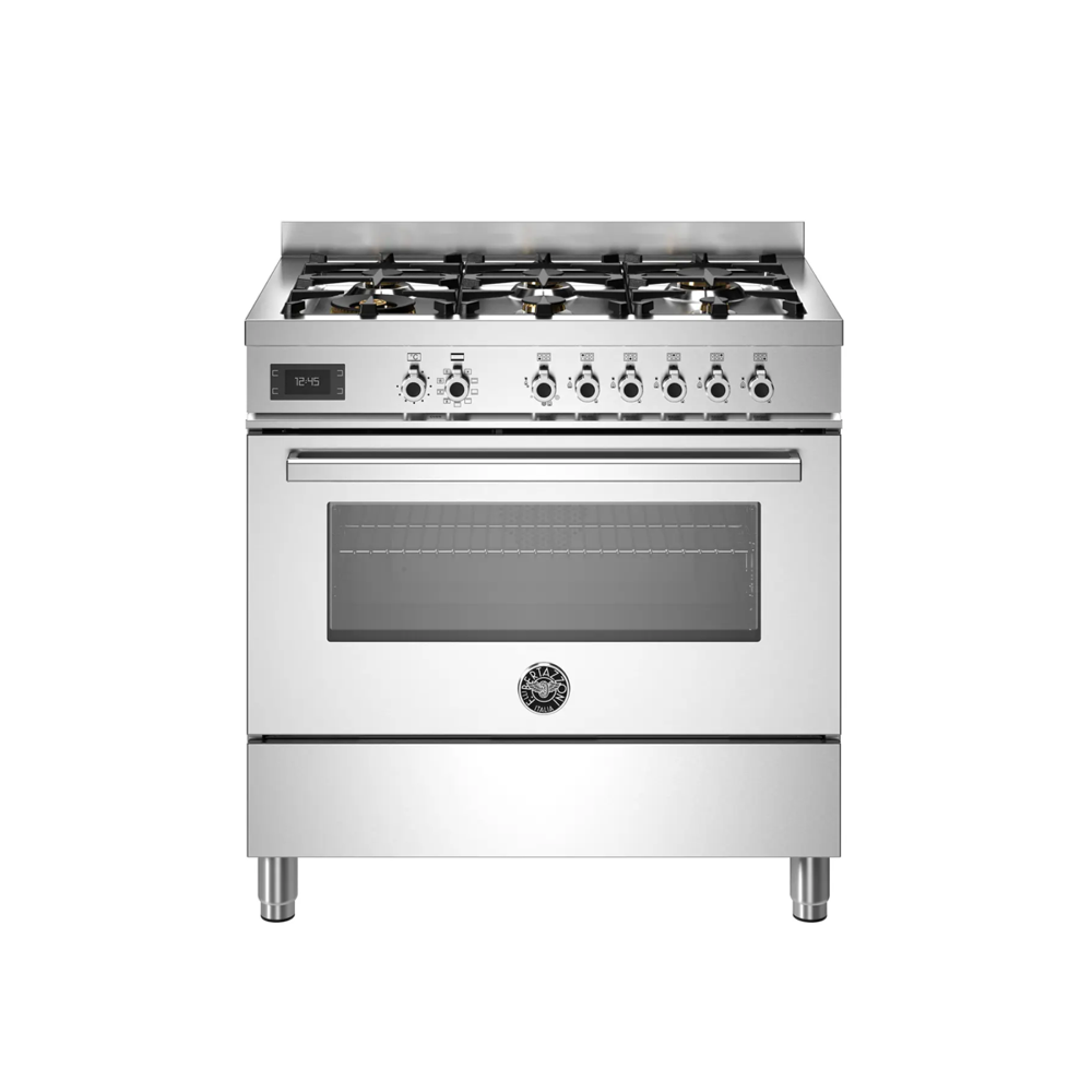 Aragaz cu plita pe gaz Bertazzoni, colectie Professional, 90 cm, 6 arzatoare, cuptor electric, capacitate 103 litri, 11 moduri de gatire, temperatura reglabila, termometru cu sonda integrat, panou de control tactil, usa cu inchidere soft-close, inox