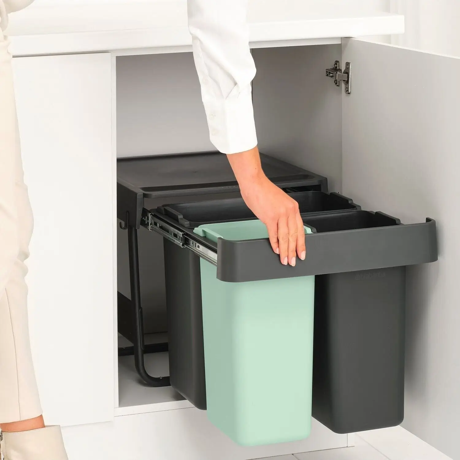 Cos de gunoi incorporabil, Brabantia, Sort&Go, 10+10+20 litri, gri/verde pastel