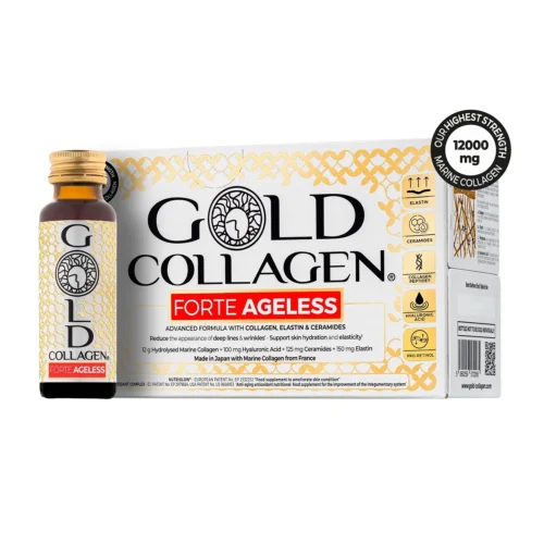 Supliment lichid cu colagen marin hidrolizat pentru reducerea ridurilor profunde, Gold Collagen, Forte Ageless, 10 flacoane x 50 ml