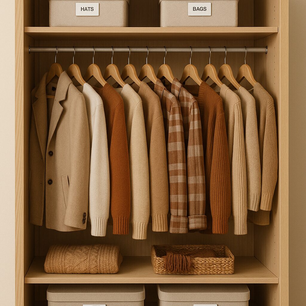 O garderobă capsulă perfect organizată pentru toamnă, cu pulovere, eșarfe și jachete în culori calde, aranjate pe umerașe și rafturi elegante.