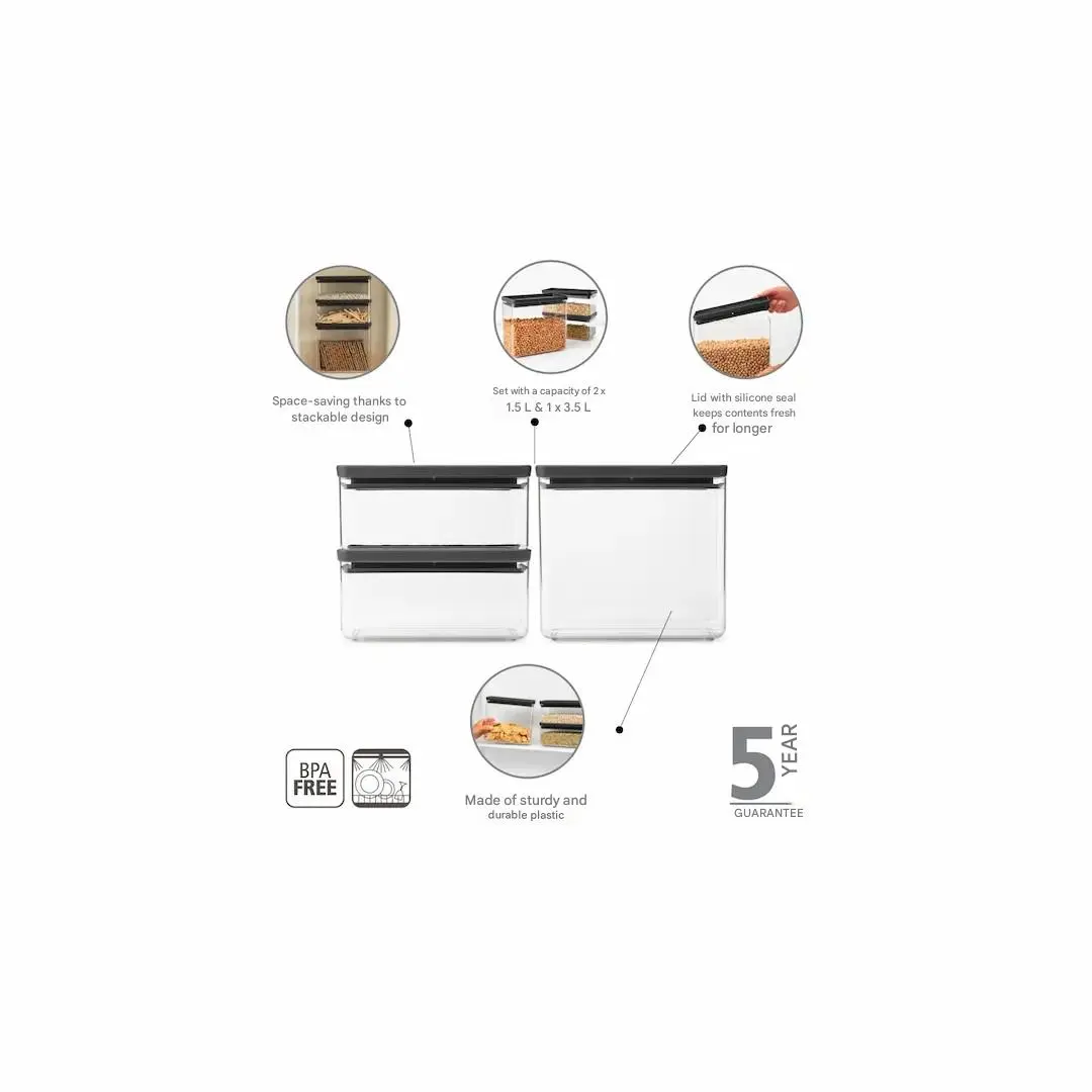 Set 3 recipiente de depozitare cu capac, 1.5 l, 3.5 l, Brabantia, Tasty+