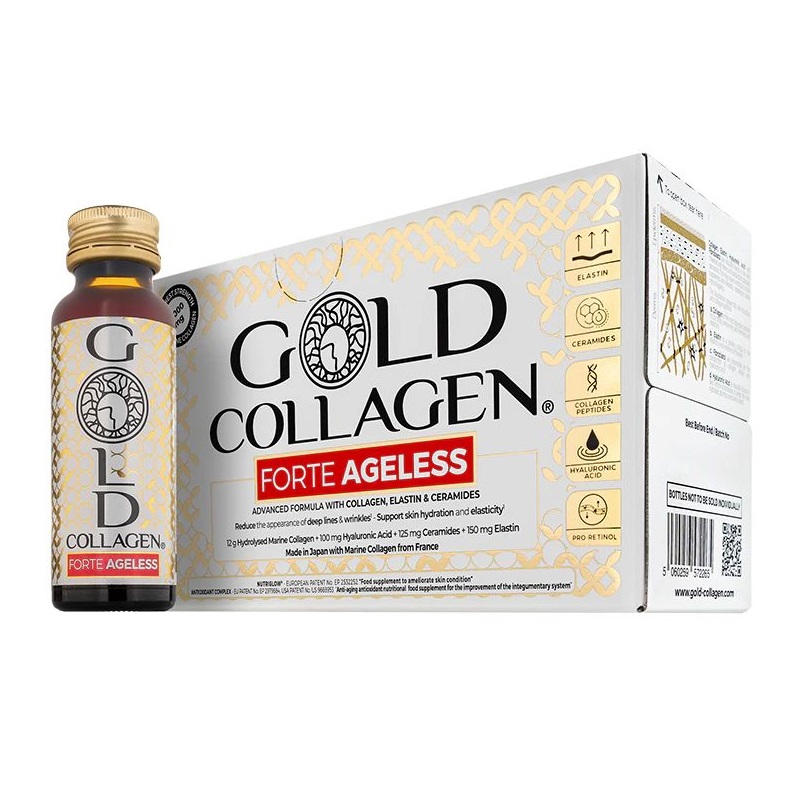 Set supliment lichid cu colagen marin hidrolizat pentru reducerea ridurilor profunde si ruj Velvet Rouge, Gold Collagen, 10 flacoane x 50 ml