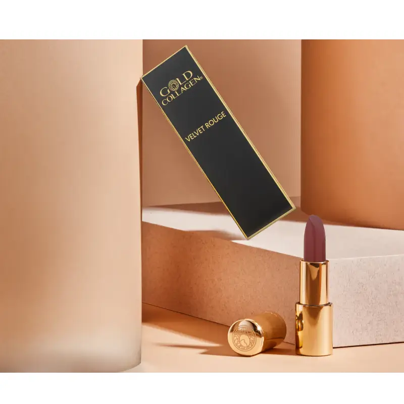 Set supliment lichid cu colagen marin hidrolizat pentru reducerea ridurilor profunde si ruj Velvet Rouge, Gold Collagen, 10 flacoane x 50 ml