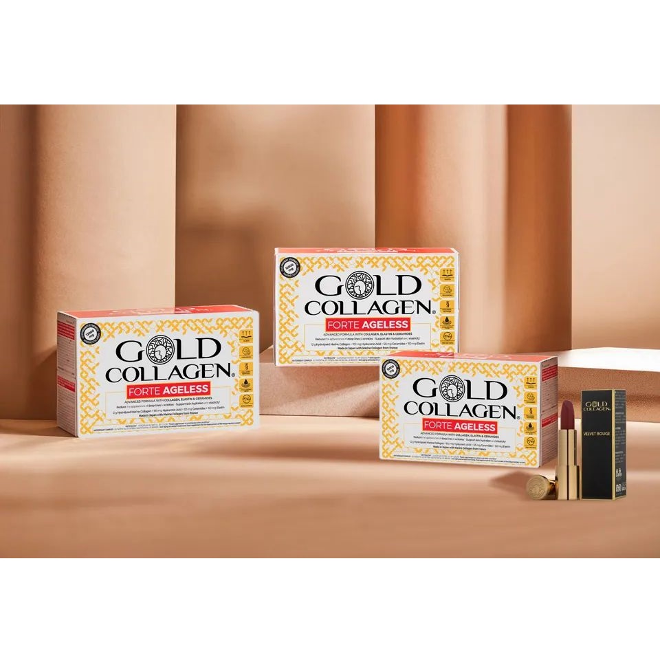 Set supliment lichid cu colagen marin hidrolizat pentru reducerea ridurilor profunde si ruj Velvet Rouge, Gold Collagen, 10 flacoane x 50 ml