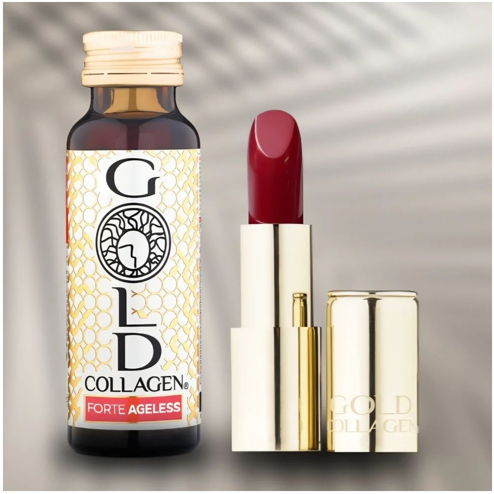 Set supliment lichid cu colagen marin hidrolizat pentru reducerea ridurilor profunde si ruj Velvet Rouge, Gold Collagen, 10 flacoane x 50 ml