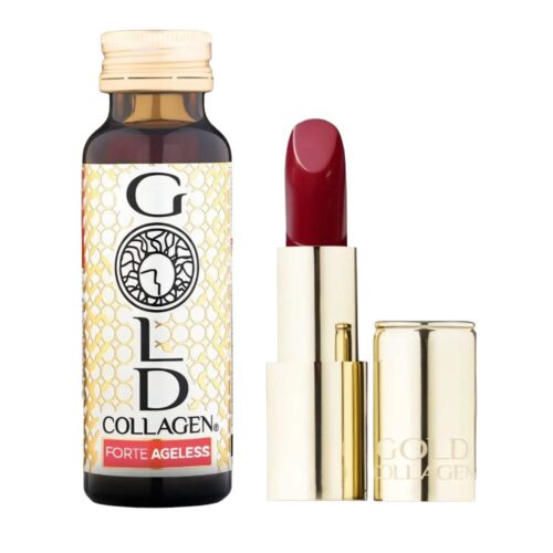 Set supliment lichid cu colagen marin hidrolizat pentru reducerea ridurilor profunde si ruj Velvet Rouge, Gold Collagen, 10 flacoane x 50 ml