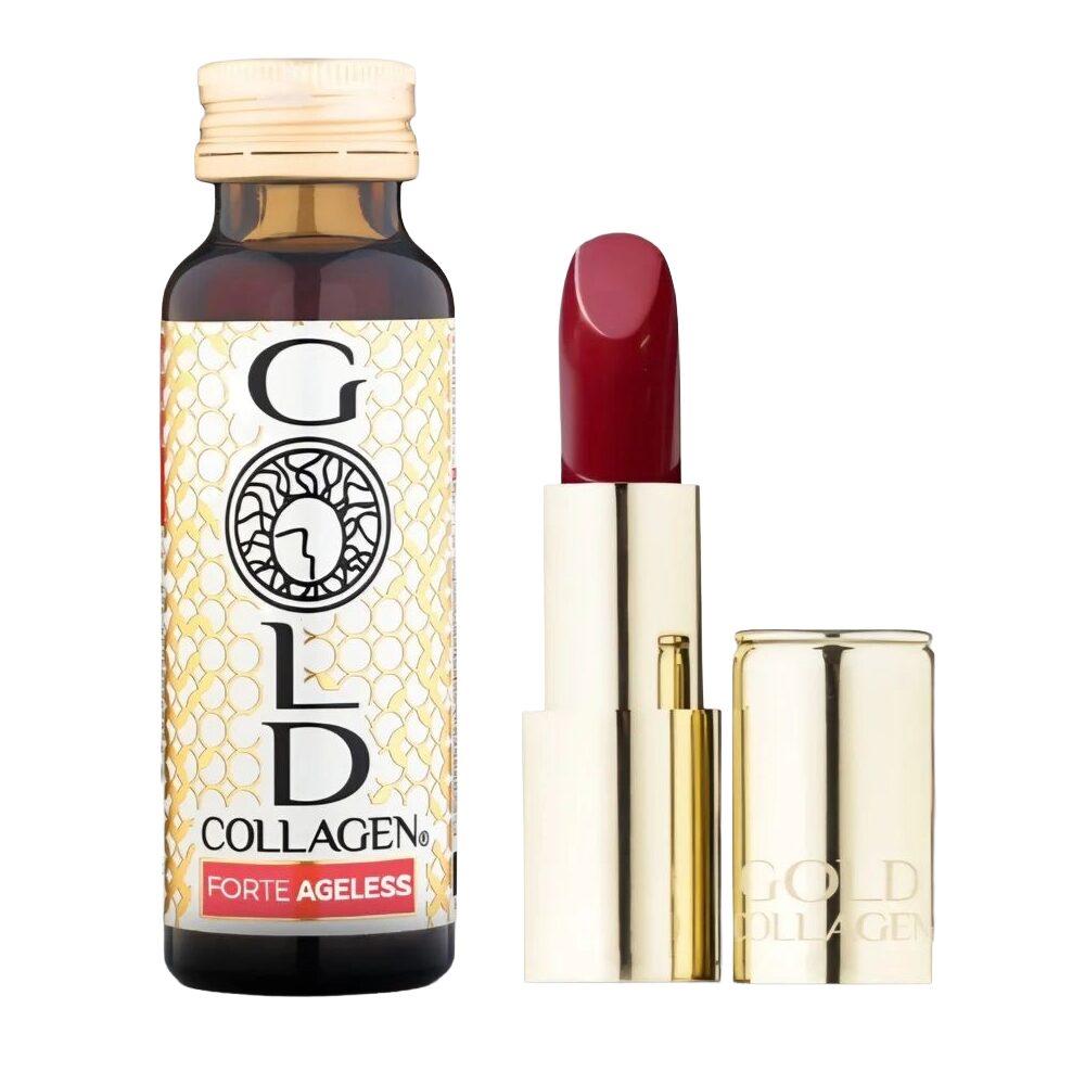 Set supliment lichid cu colagen marin hidrolizat pentru reducerea ridurilor profunde si ruj Velvet Rouge, Gold Collagen, 10 flacoane x 50 ml
