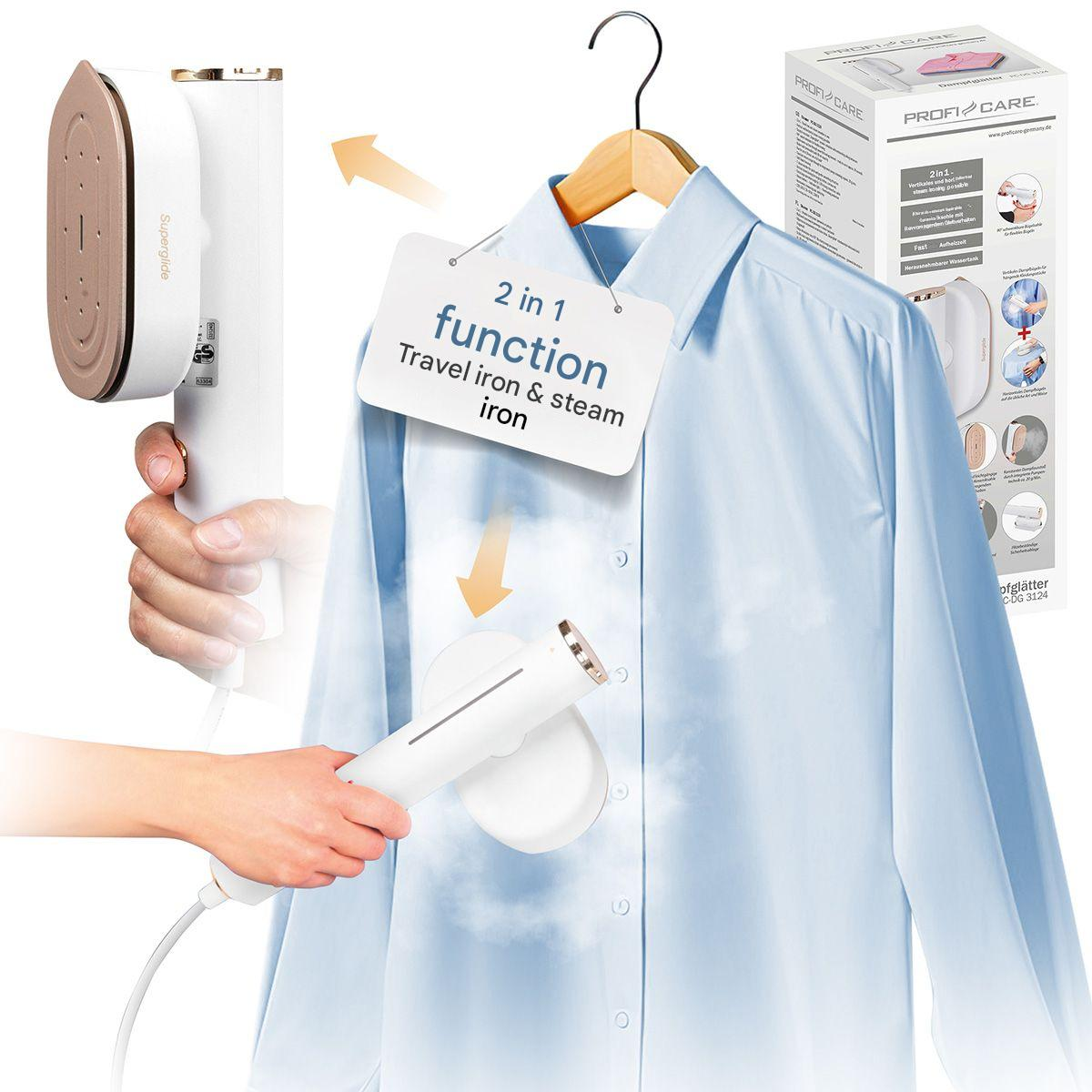 Aparat de calcat vertical cu aburi 2in1, ProfiCare, talpa ceramica Superglide pivotanta, alb