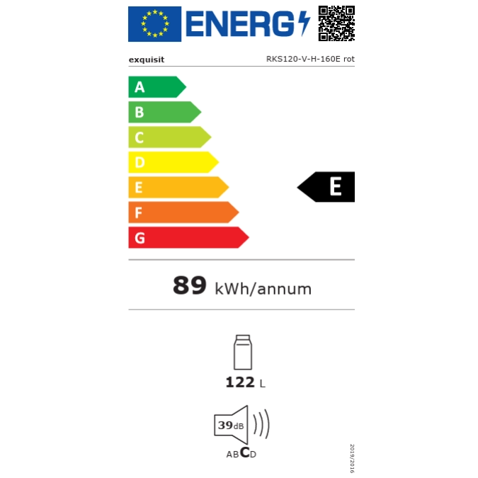 Eticheta energetica frigider minibar, Exquisit RKS120-V-H-160, maner cromat, rosu