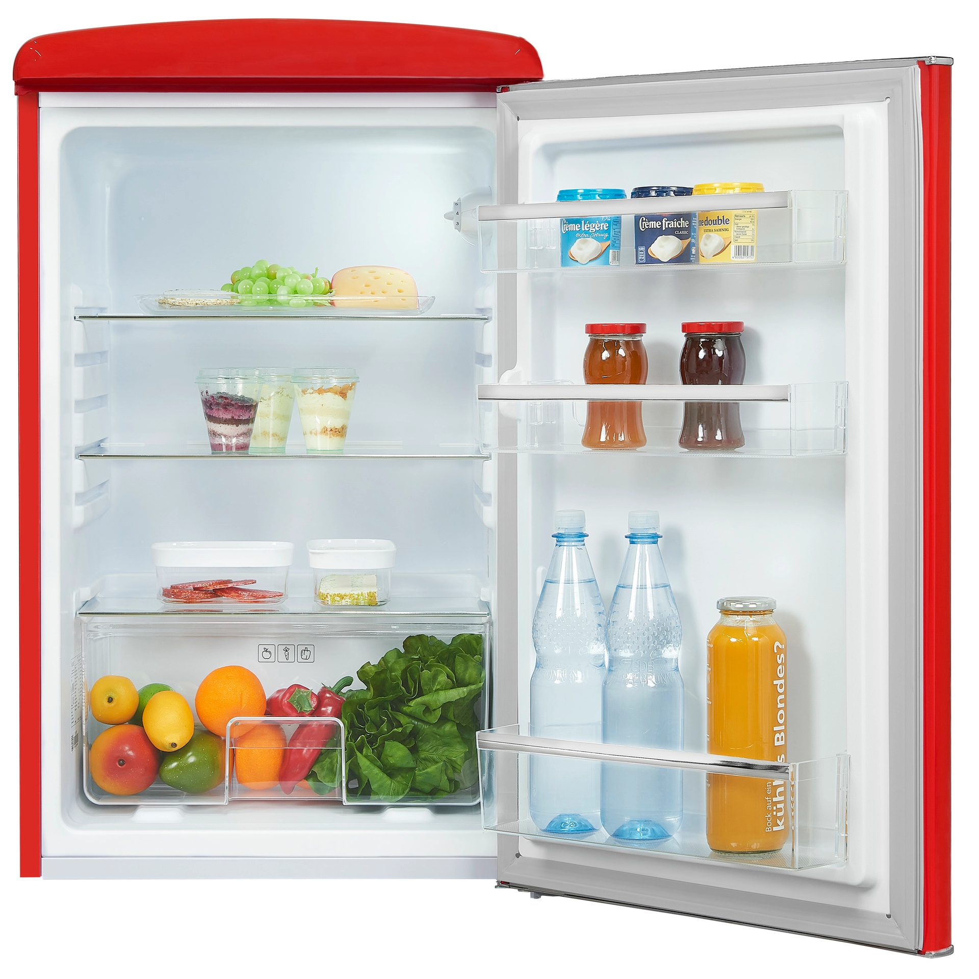 Frigider minibar, cu usa deschisa, Exquisit RKS120-V-H-160, maner cromat, rosu