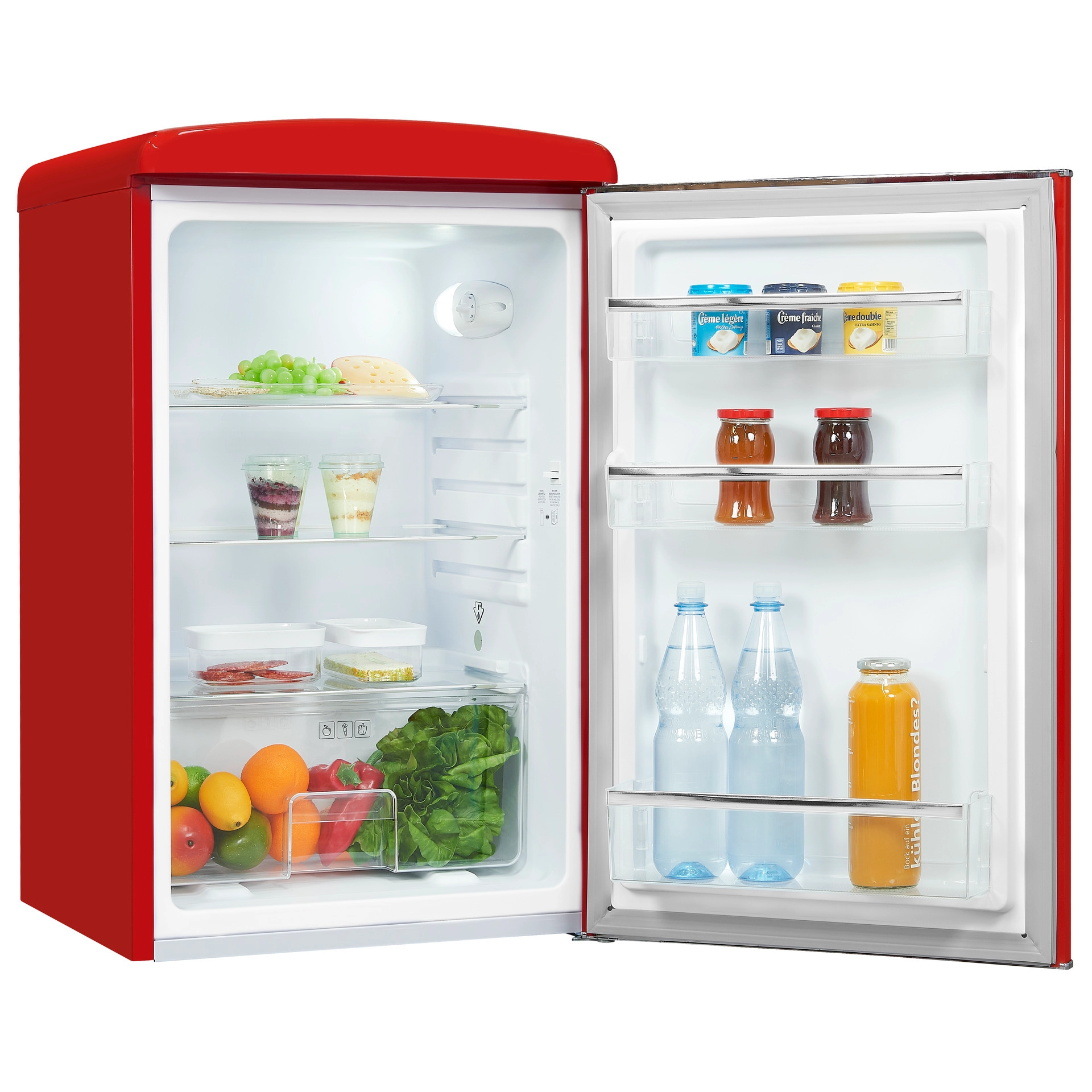 Frigider minibar, cu usa deschisa, Exquisit RKS120-V-H-160, maner cromat, rosu