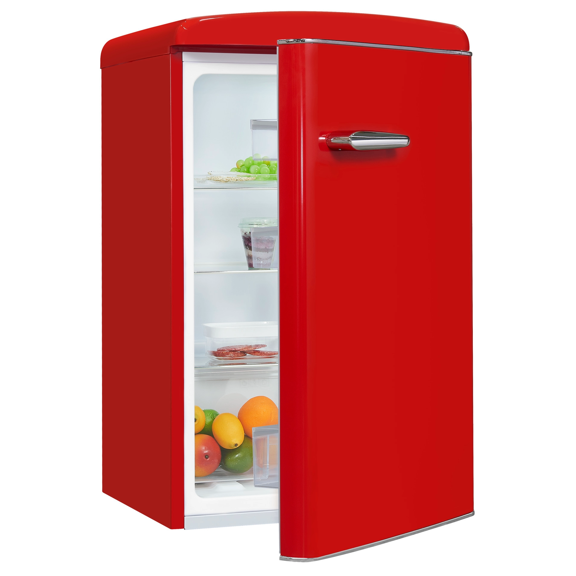 Frigider minibar, cu usa deschisa, Exquisit RKS120-V-H-160, maner cromat, rosu