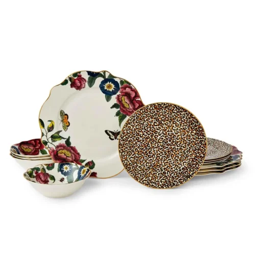 Serviciu de masa din portelan premium Spode England Creatures of Curiosity 12 piese multicolor cu imprimeu animal print si flori