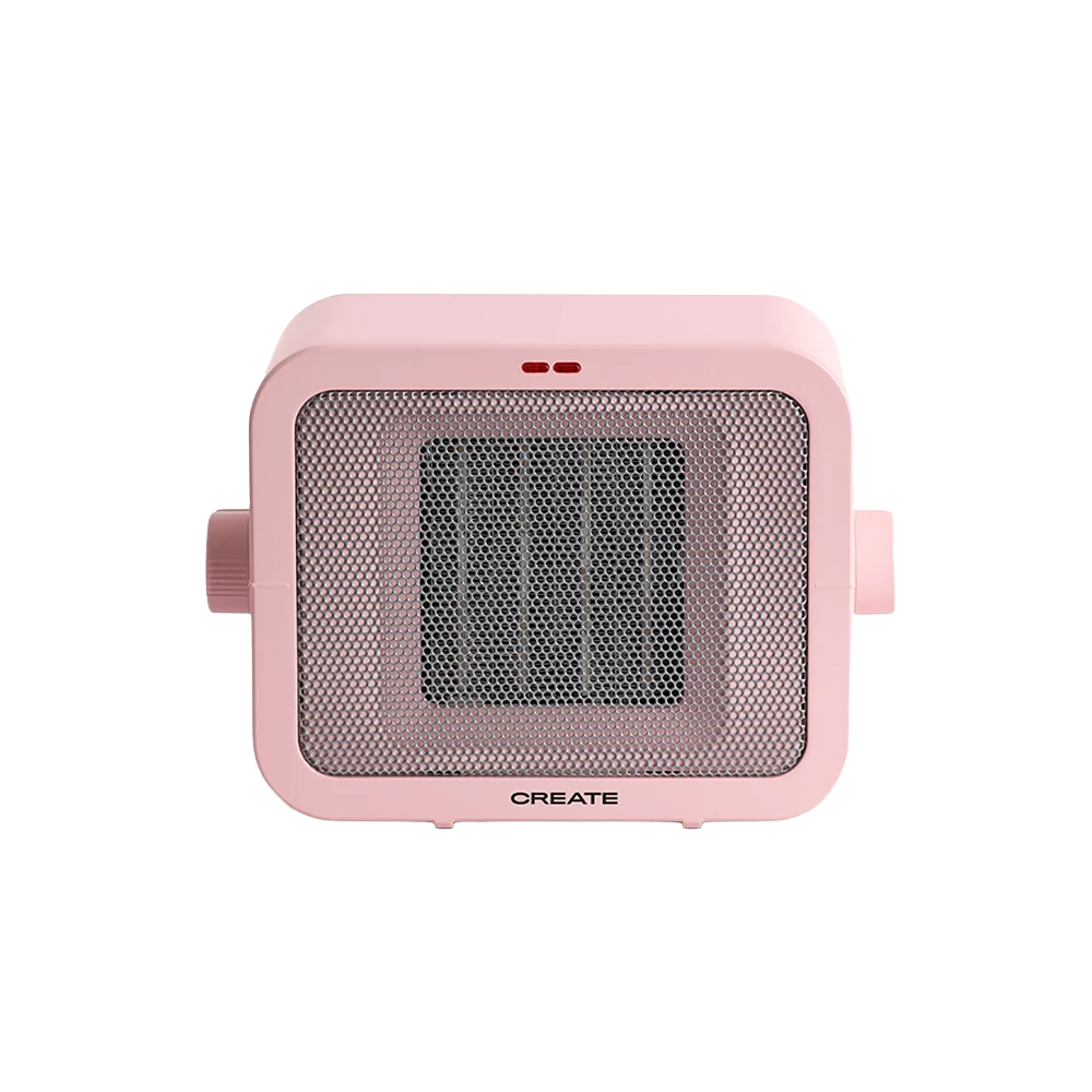 aeroterma electrica de birou create, 2 trepte de viteza, ideal pentru iarna/vara, functie ventilatie, termostat, placi de incalzire ceramice, protectie supraincalzire si rasturnare, inchidere automata, design compact, 1500 W, roz pastel