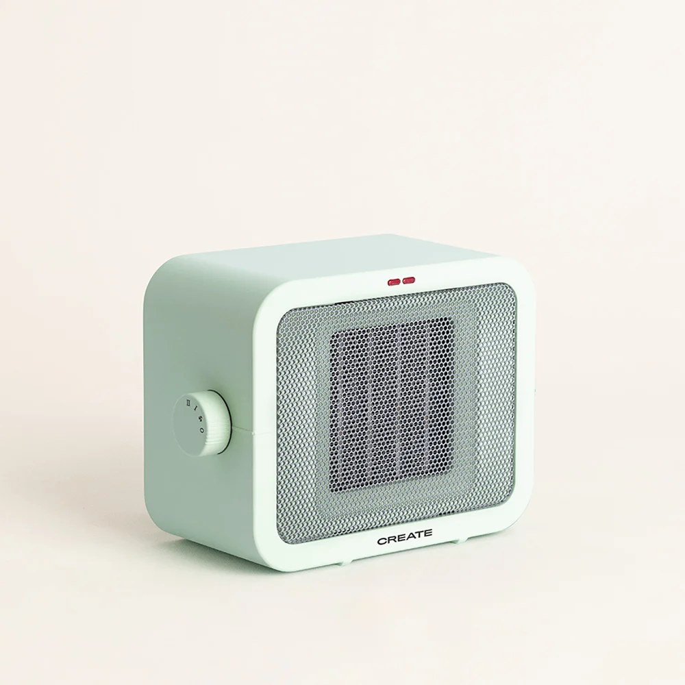 aeroterma electrica de birou create, 2 trepte de viteza, ideal pentru iarna/vara, functie ventilatie, termostat, placi de incalzire ceramice, protectie supraincalzire si rasturnare, inchidere automata, design compact, 1500 W, cadru lateral, fundal alb