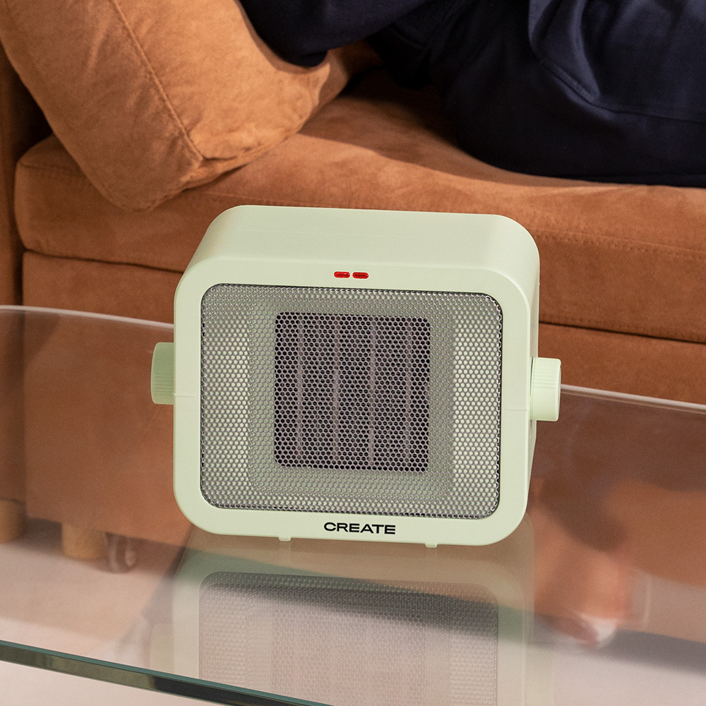 aeroterma electrica de birou create, 2 trepte de viteza, ideal pentru iarna/vara, functie ventilatie, termostat, placi de incalzire ceramice, protectie supraincalzire si rasturnare, inchidere automata, design compact, 1500 W, cadru frontal, pe masa