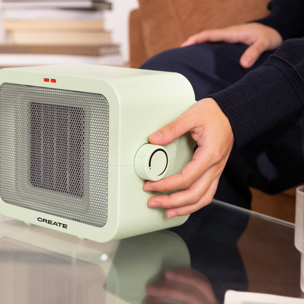 aeroterma electrica de birou create, 2 trepte de viteza, ideal pentru iarna/vara, functie ventilatie, termostat, placi de incalzire ceramice, protectie supraincalzire si rasturnare, inchidere automata, design compact, 1500 W, reglaj temperatura ,pe masa