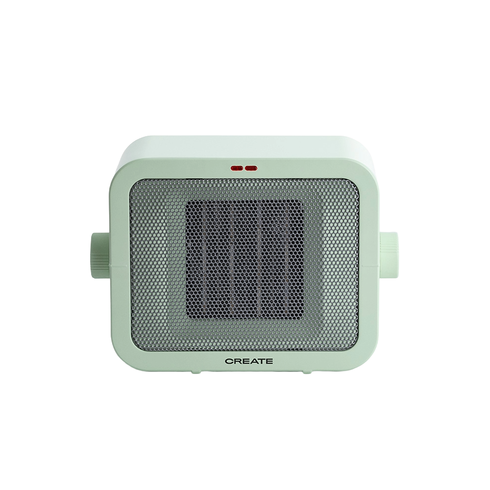 aeroterma electrica de birou create, 2 trepte de viteza, ideal pentru iarna/vara, functie ventilatie, termostat, placi de incalzire ceramice, protectie supraincalzire si rasturnare, inchidere automata, design compact, 1500 W, verde pastel
