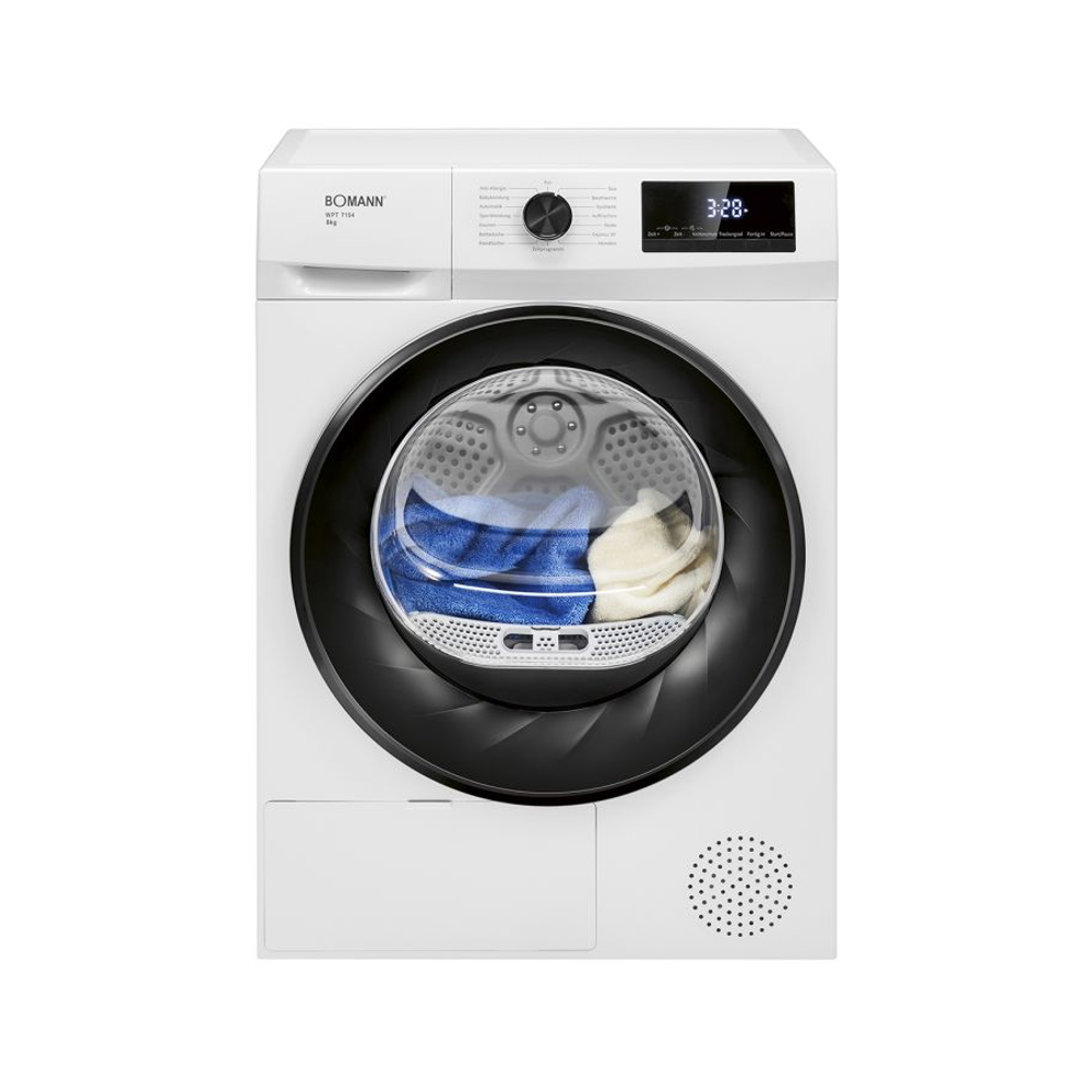 uscator de rufe bomann, cu pompa de caldura, capacitate 8 kg, 15 programe, eficient energetic si economic, functie pornire intarziata, senzon umiditate, inversare automata a tamburului, indicator pentru golirea rezervorului de apa si filtrului de scame, alb