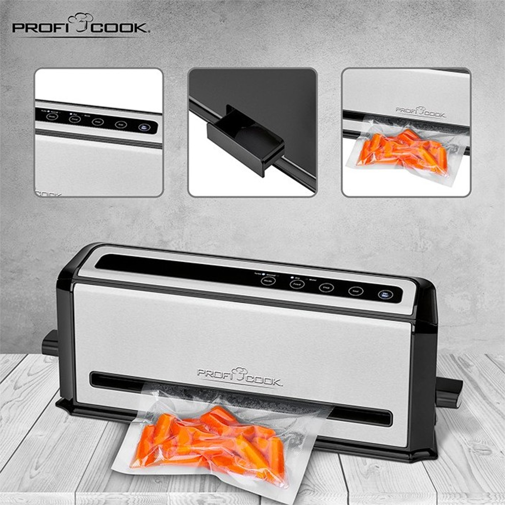 aparat de vidat si sigilat vertical, proficook, putere de absorbtie mare, 4 niveluri de vidare, compact, vidare umeda si uscata, latime banda 30 cm, 110 W, canal colectare, include set pungi, detalii produs