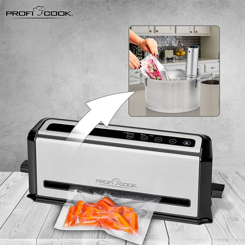 aparat de vidat si sigilat vertical, proficook, putere de absorbtie mare, 4 niveluri de vidare, compact, vidare umeda si uscata, latime banda 30 cm, 110 W, canal colectare, include set pungi, pentru aparat sous vide