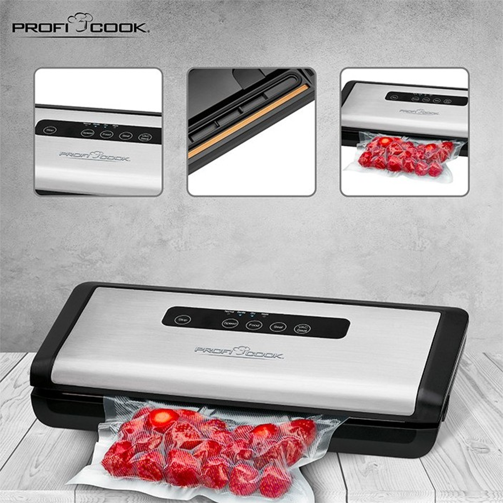 aparat de vidat si sigilat, proficook, putere de absorbtie mare, 4 niveluri de vidare, compact, vidare umeda si uscata, latime banda 30 cm, 110 W, canal colectare, include set pungi, prezentare vidare