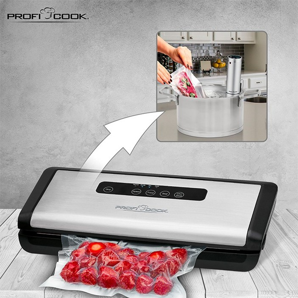 aparat de vidat si sigilat, proficook, putere de absorbtie mare, 4 niveluri de vidare, compact, vidare umeda si uscata, latime banda 30 cm, 110 W, canal colectare, include set pungi, preparare pentru sous vide