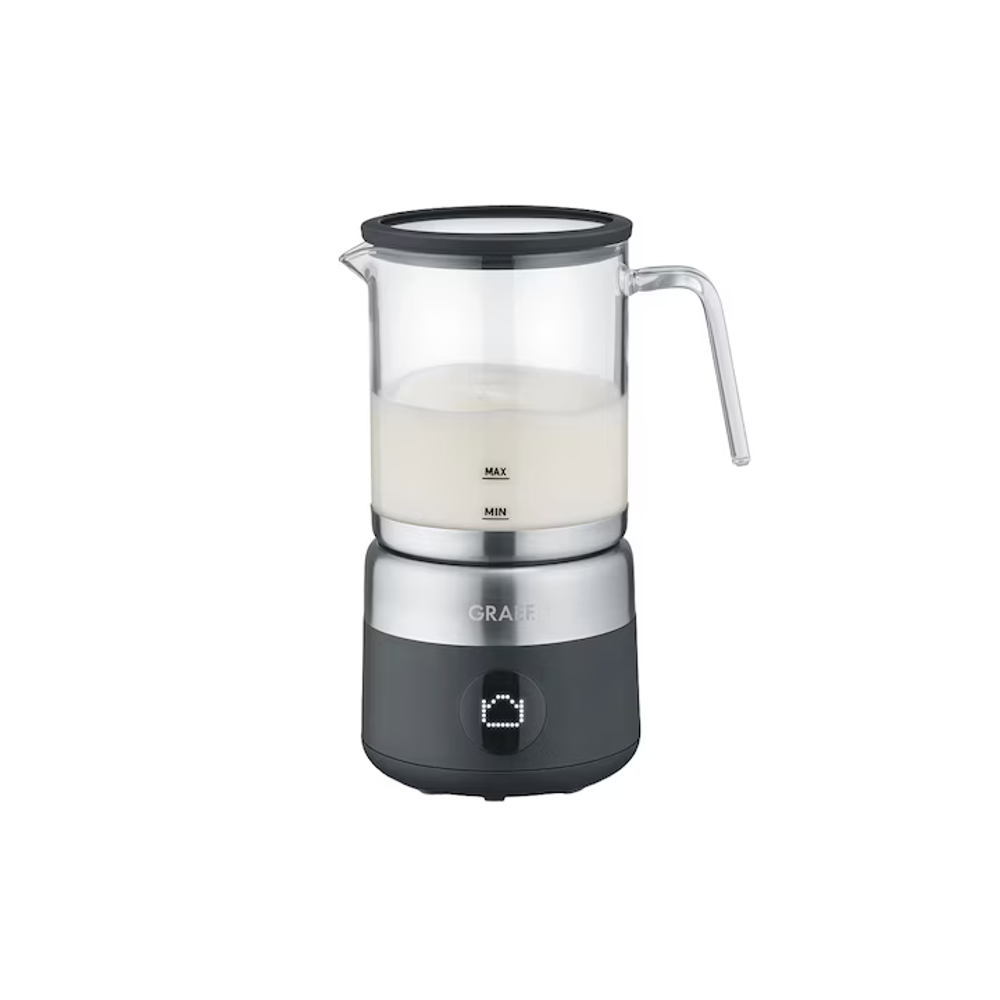 aparat pentru spumarea laptelui, graef, capacitate max 500 ml, recipient sticla, lapte 250 ml, 5 functii, spuma laptelui rece sau cald, oprire automata, display digital, afisare program, panou control de control touch, negru