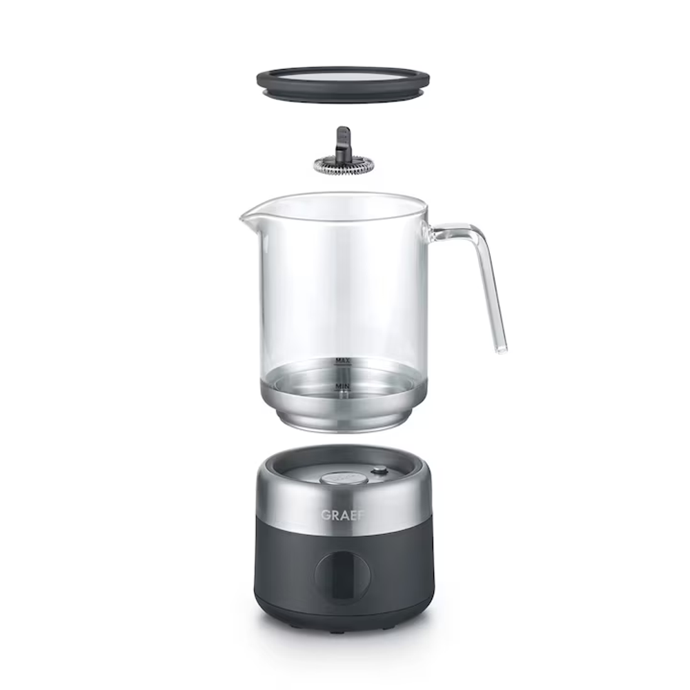 aparat pentru spumarea laptelui, graef, capacitate max 500 ml, recipient sticla, lapte 250 ml, 5 functii, spuma laptelui rece sau cald, oprire automata, display digital, afisare program, panou control de control touch, piese deconstruite