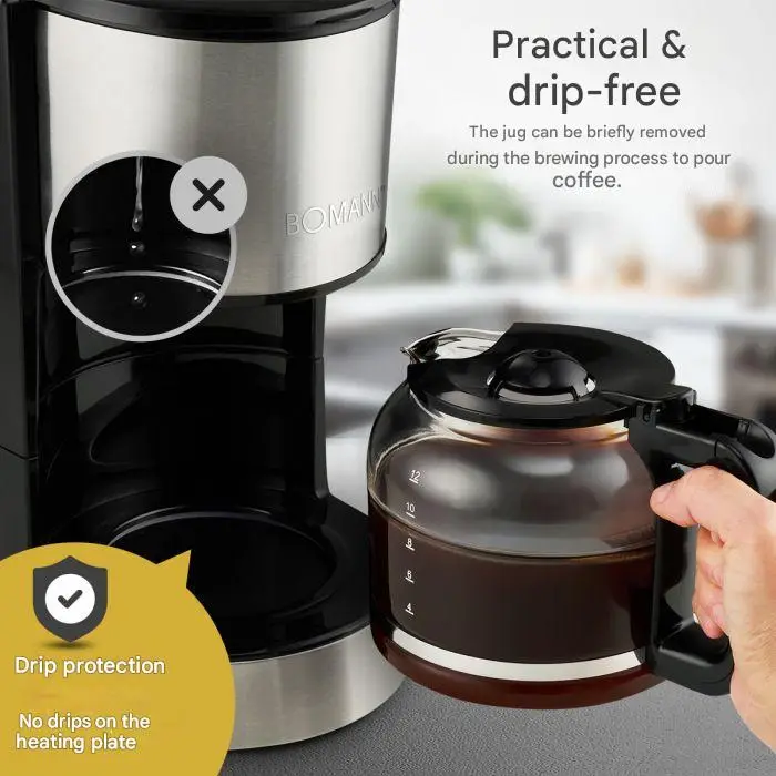 cafetiera bomann inox cu filtru, protectie anti-picurare
