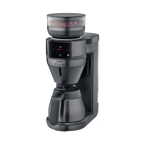 cafetiera cu rasnita severin, filka, compatibila cu cafea boabe/macinata, capacitate rasnita 235 g, rasnita reglabila, setare aroma 5 trepte, carafa sticla, filtru lavabil, timer, panou de control senzor touch, accesoriu utilizare cana/termos/filtru apa, negru