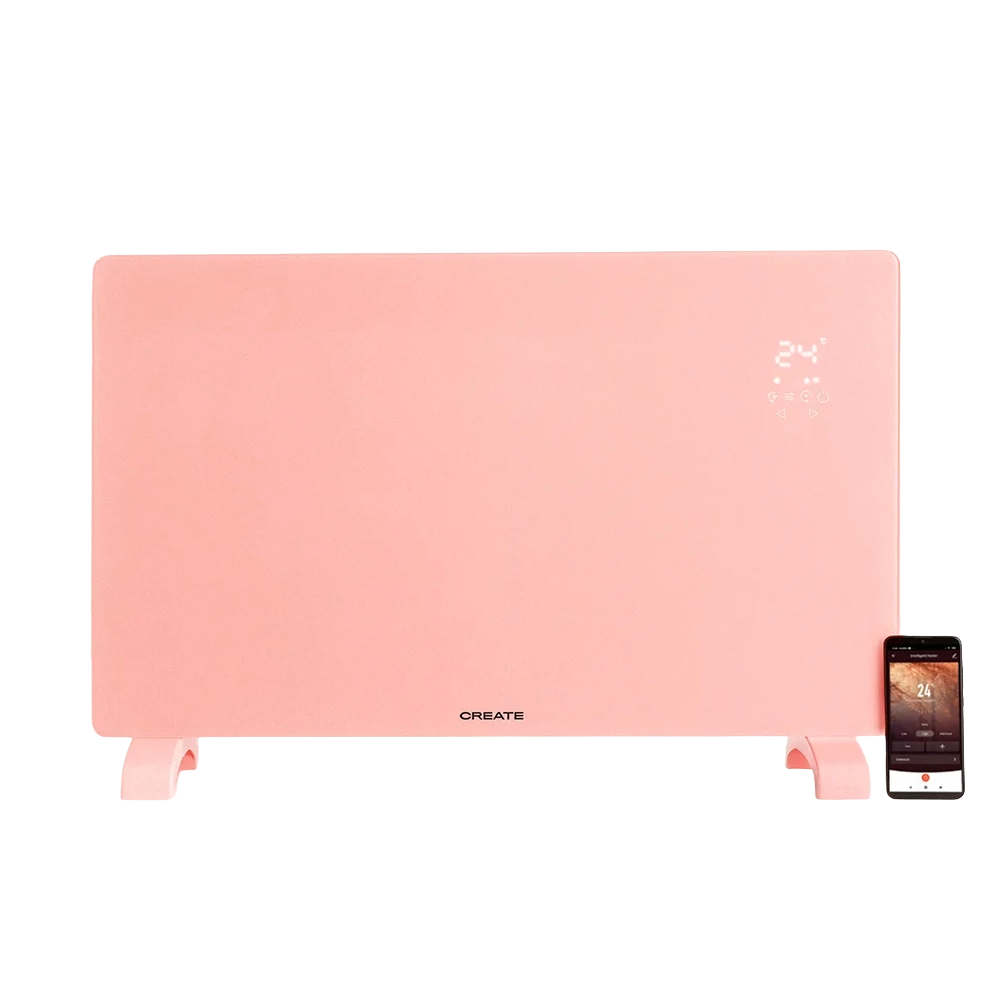 convector electric de podea/perete create, warm crystal, wi-fi integrat, control prin aplicatie, latime 78 cm, 2 trepte de putere, timer 24 h, temperatura reglabila, display led, panou tactil, protecte impotriva supraincalzirii, material sticla, roz pastel