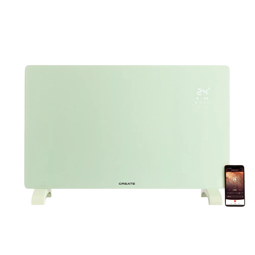 convector electric de podea/perete create, warm crystal, wi-fi integrat, control prin aplicatie, latime 78 cm, 2 trepte de putere, timer 24 h, temperatura reglabila, display led, panou tactil, protecte impotriva supraincalzirii, material sticla, verde pastel