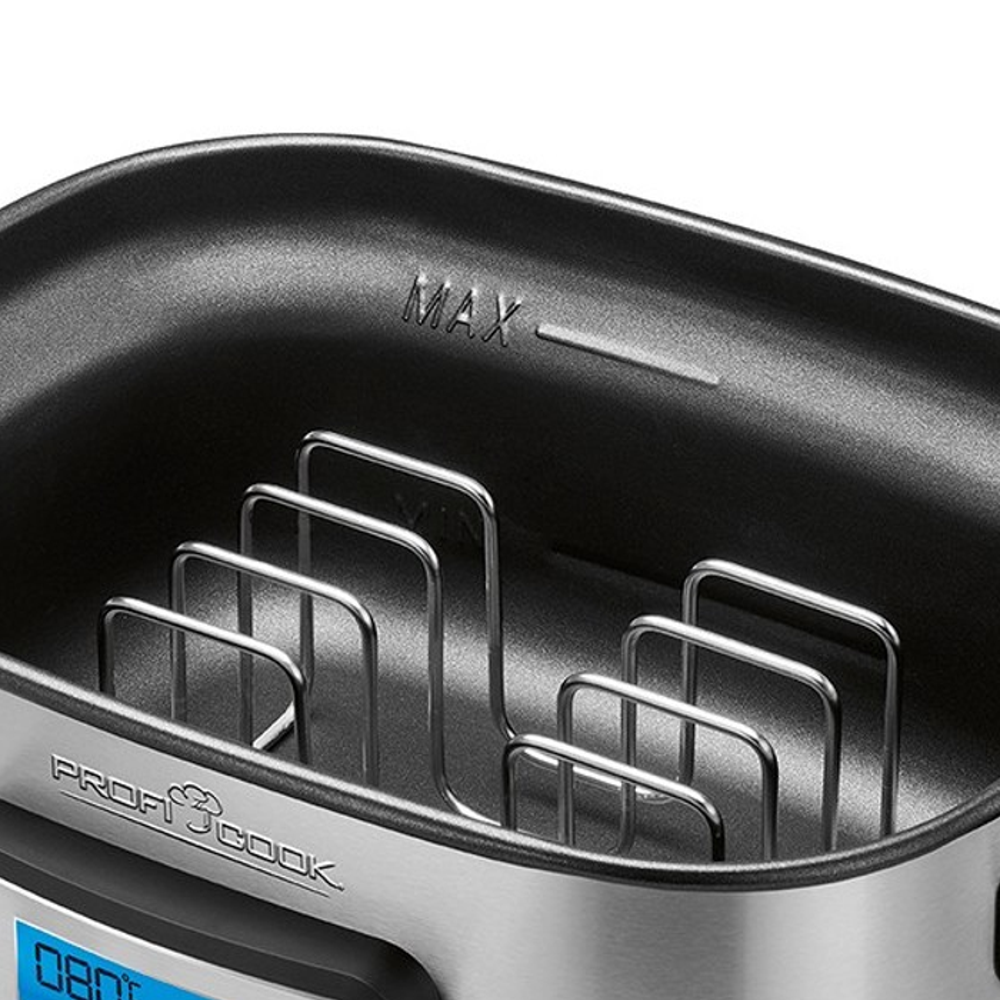 aparat pentru gatit sous vide, proficook ,gatire sanatoasa, gatirea mai multor alimente in paralel, carcasa din otel inoxidabil, capacitate 8.5 litri, timer 72 ore, gatire precisa, temperatura ajustabila pana la 90°C, display digital, raft interior din otel inoxidabil, interior produs