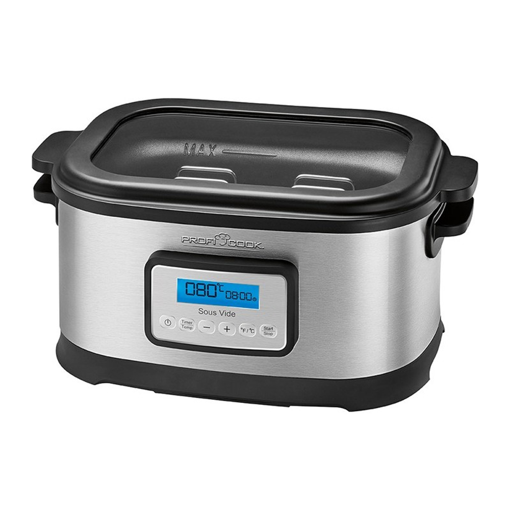 aparat pentru gatit sous vide, proficook ,gatire sanatoasa, gatirea mai multor alimente in paralel, carcasa din otel inoxidabil, capacitate 8.5 litri, timer 72 ore, gatire precisa, temperatura ajustabila pana la 90°C, display digital, raft interior din otel inoxidabil, inox