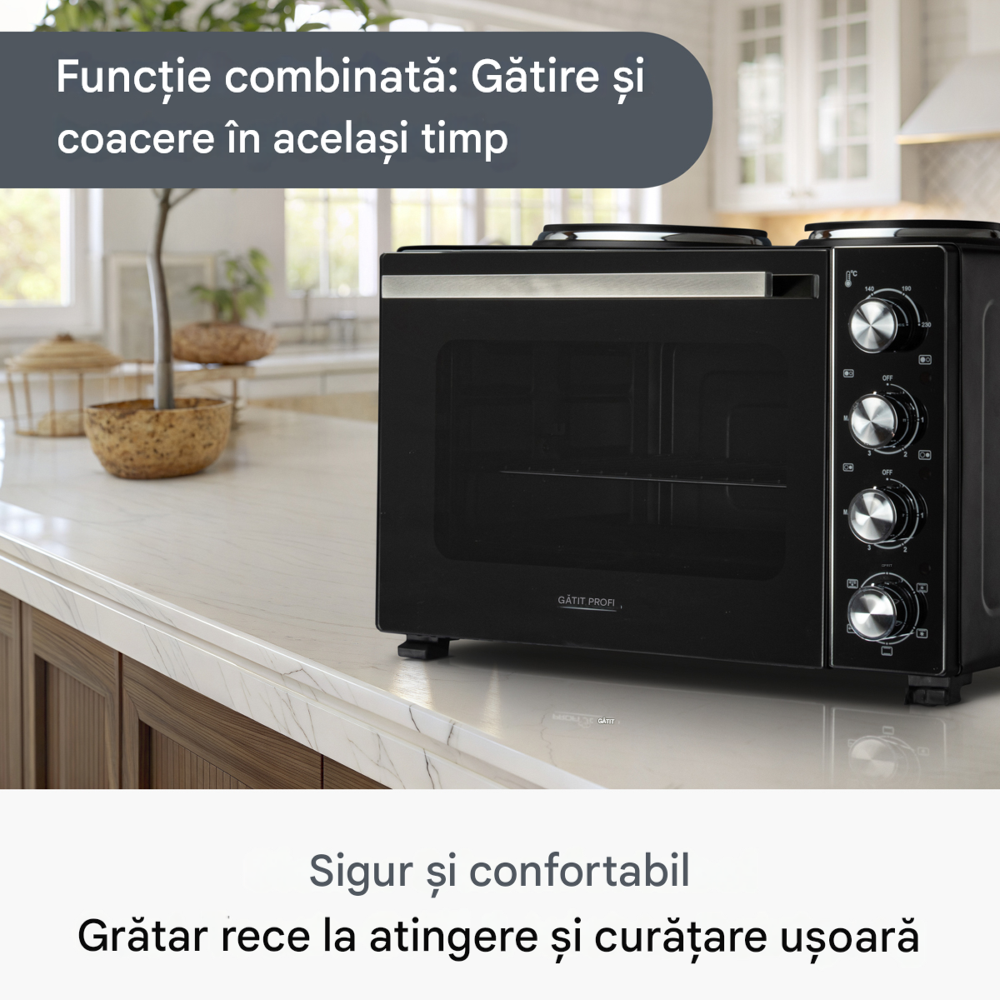 cuptor electric 4in1 cu convectie si plita proficook, capacitate 32 litri, 2 plite, 4 treote de putere plita, temperatura reglabila, accesorii rotisor incluse, interior usor de curatat, compact, 3200 w,cuptor electric 4in1 cu convectie si plita proficook, capacitate 32 litri, 2 plite, 4 treote de putere plita, temperatura reglabila, accesorii rotisor incluse, interior usor de curatat, compact, 3200 w, functie de gatire si coacere in acelasi timp