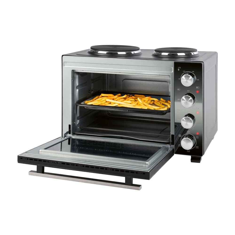 cuptor electric 4in1 cu convectie si plita proficook, capacitate 32 litri, 2 plite, 4 treote de putere plita, temperatura reglabila, accesorii rotisor incluse, interior usor de curatat, compact, 3200 w, usa deschisa la cuptor