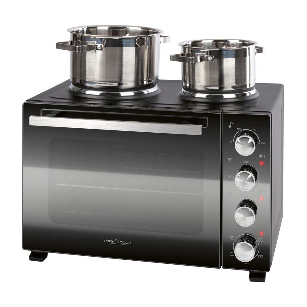cuptor electric 4in1 cu convectie si plita proficook, capacitate 32 litri, 2 plite, 4 treote de putere plita, temperatura reglabila, accesorii rotisor incluse, interior usor de curatat, compact, 3200 w, 2 oale pe plita