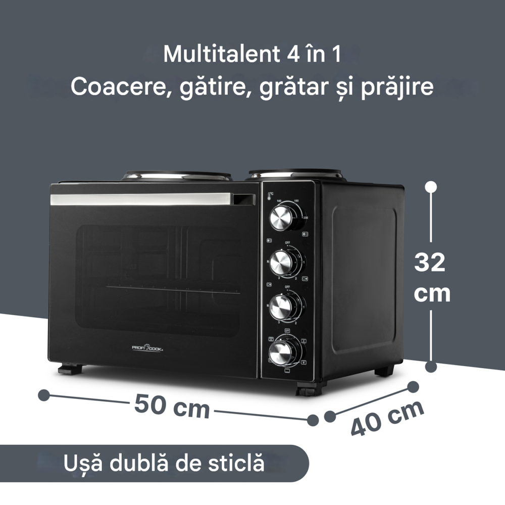 cuptor electric 4in1 cu convectie si plita proficook, capacitate 32 litri, 2 plite, 4 treote de putere plita, temperatura reglabila, accesorii rotisor incluse, interior usor de curatat, compact, 3200 w, dimensiuni produs si usa sticla