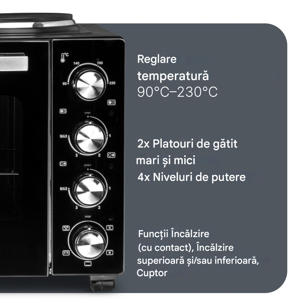 cuptor electric 4in1 cu convectie si plita proficook, capacitate 32 litri, 2 plite, 4 treote de putere plita, temperatura reglabila, accesorii rotisor incluse, interior usor de curatat, compact, 3200 w, reglare temepratura si functii incalzire