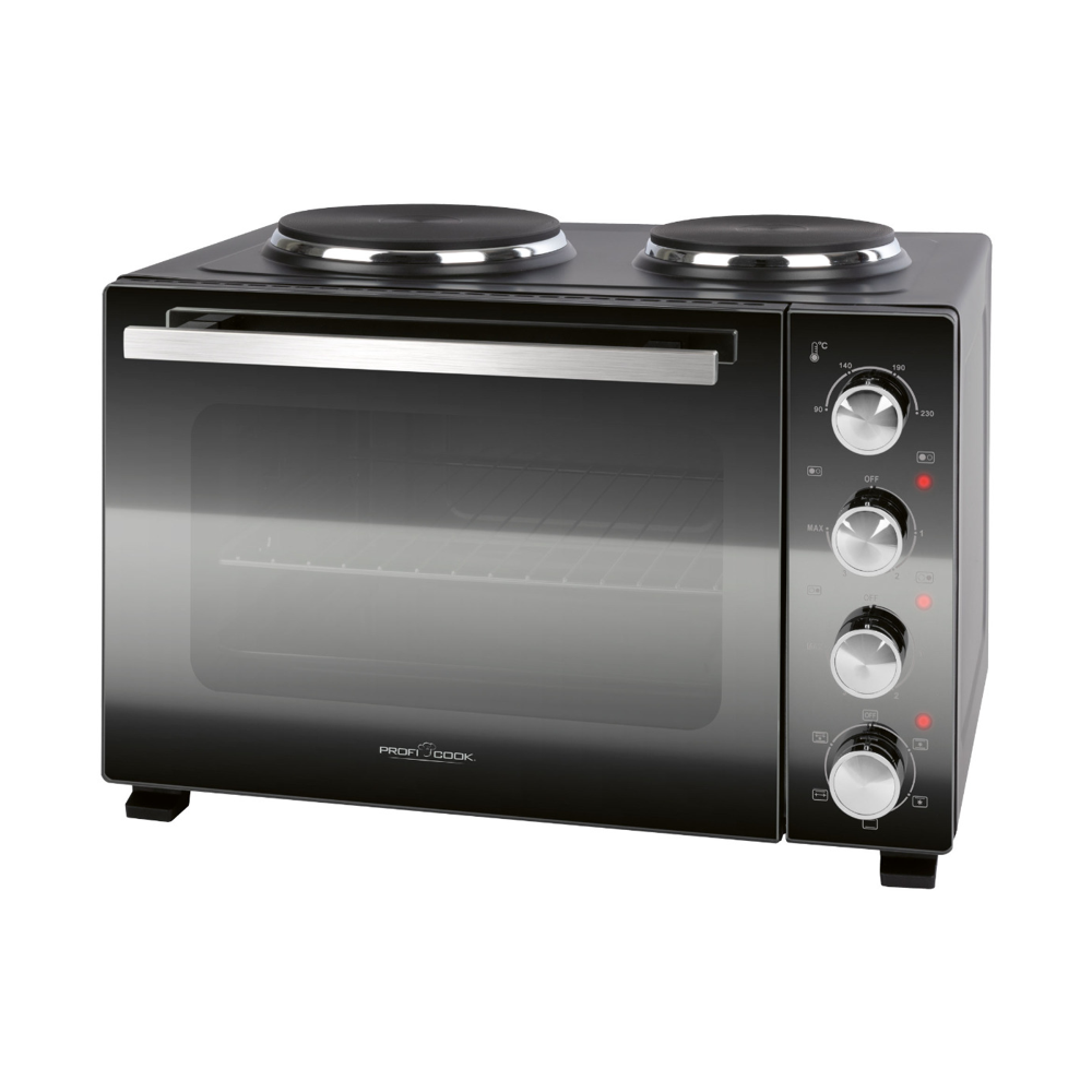 cuptor electric 4in1 cu convectie si plita proficook, capacitate 32 litri, 2 plite, 4 treote de putere plita, temperatura reglabila, accesorii rotisor incluse, interior usor de curatat, compact, 3200 w, negru