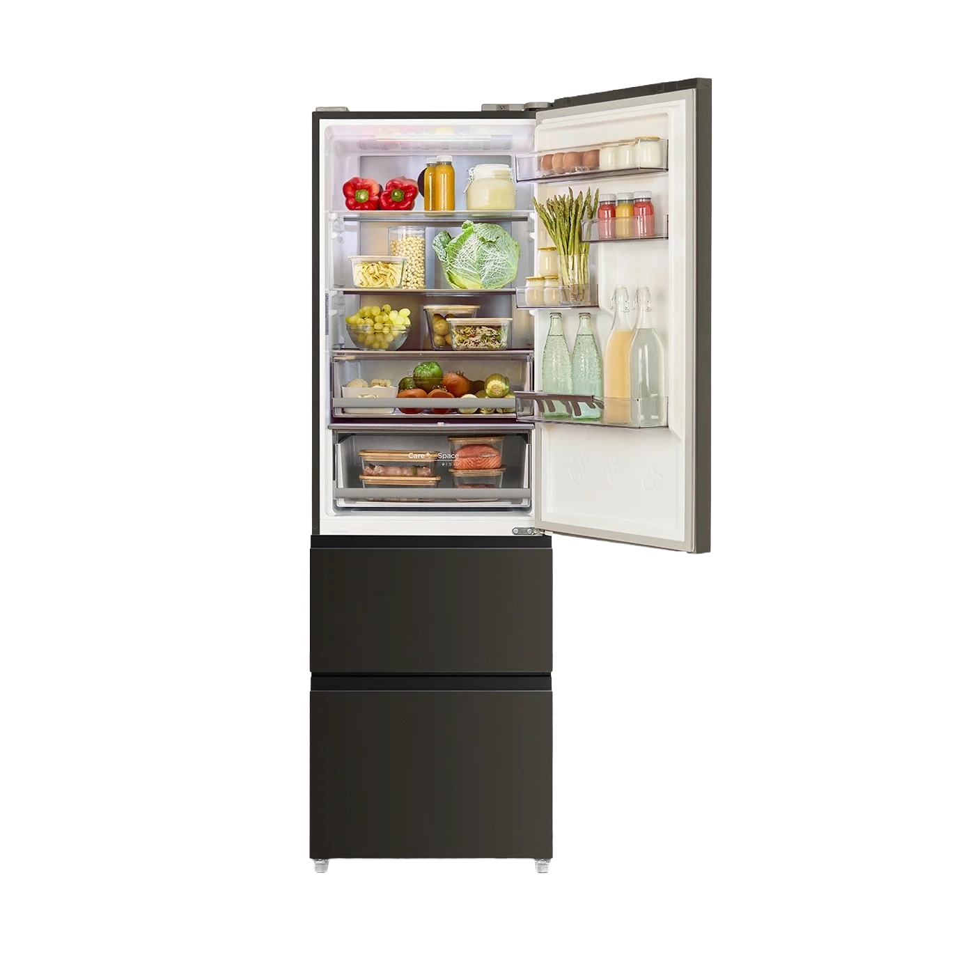 frigider no frost cu french door create studio pro flex 401 litri, negru, cu usa deschisa