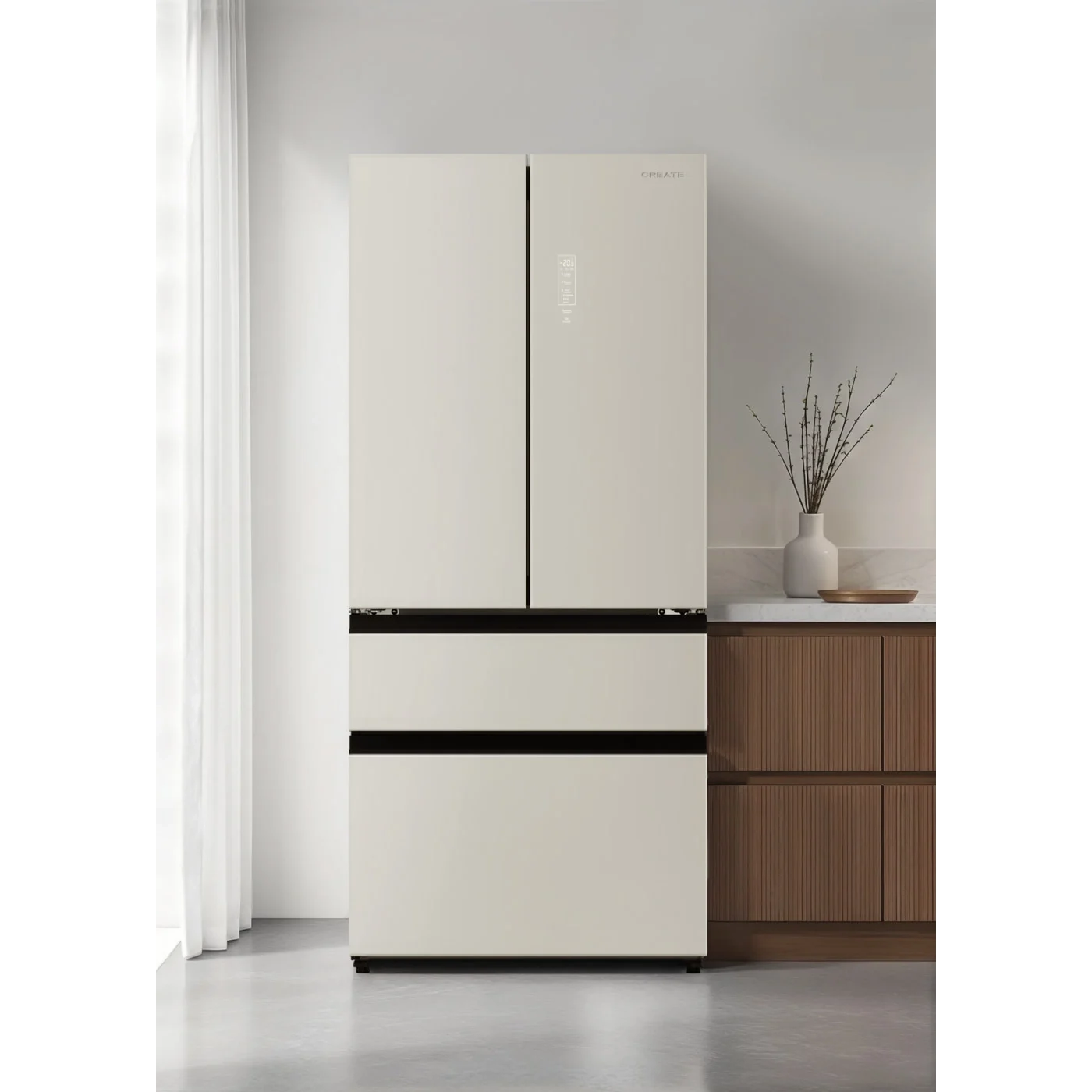 Frigider side by side No Frost CREATE, French Door Pro, 509 litri crem, in bucatarie