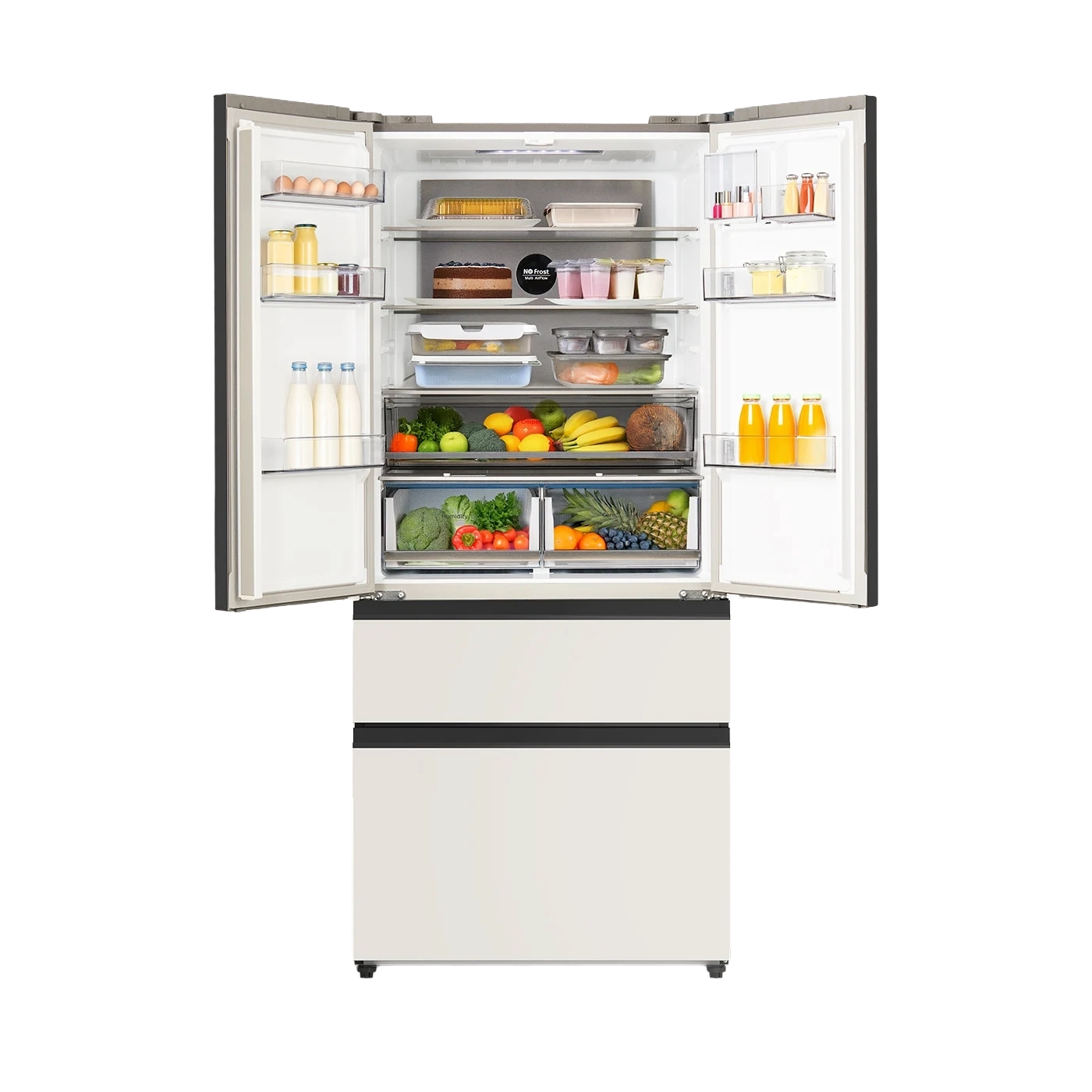 Frigider side by side No Frost CREATE, French Door Pro, 509 litri crem, cu usile deschise