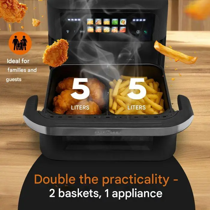 friteuza dubla cu aer cald air fryer xxl proficook 2400 w negru, despartitor detasabil