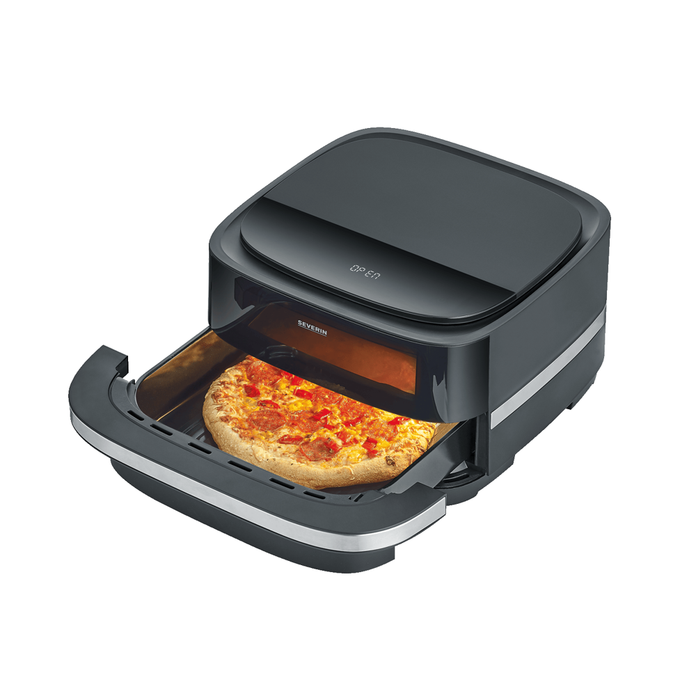 friteuza cu aer cald severin, s-pizza and more, 2100 W, capacitate 4 litri, fara ulei, temperatura ajustabila 4-230 grade celsius, timer, panou control mecanic, oprire automata, semnal sonor, incalzire rapida, consum redus, curatare usoara, pizza in cos deschis